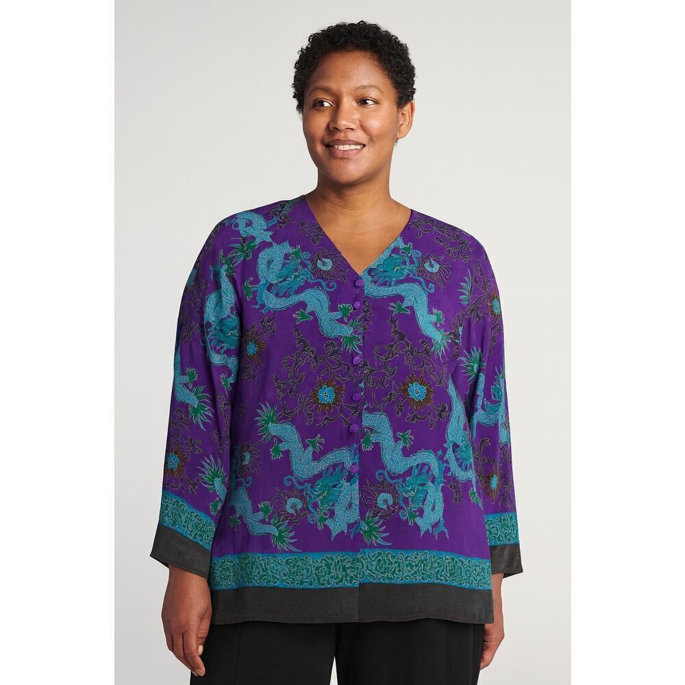 Diane von Furstenberg Women's Silk Blouse Size M Asian Dragon Print Long Sleeve